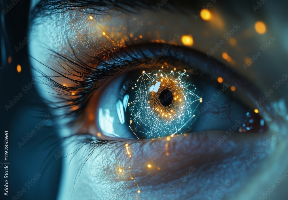 Poster close-up of a human eye with abstract light patterns and connected digital nodes illustrating techno