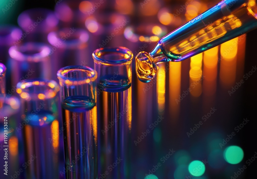 Poster close-up of a lab pipette dropping liquid into test tubes with colorful bokeh background, perfect fo