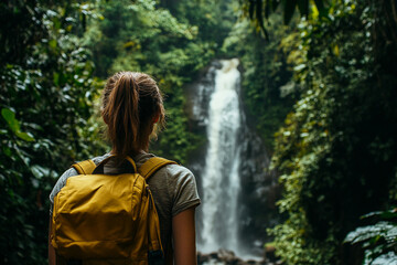 A traveler with a backpack explore nature generative AI