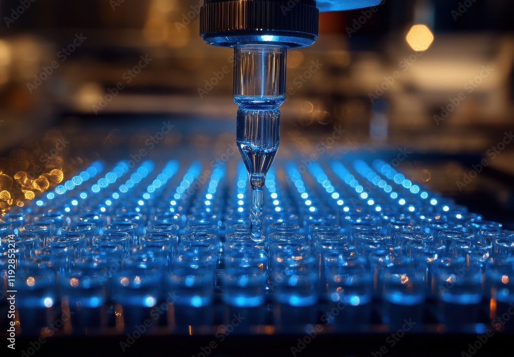 Poster close-up of a laboratory dropper dispensing liquid over a synchronized array of small glass vials wi