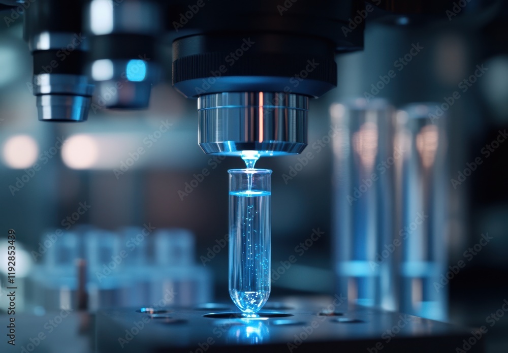 Aufkleber close-up of a laboratory microscope focusing on a test tube with bubbles under blue light in a scien