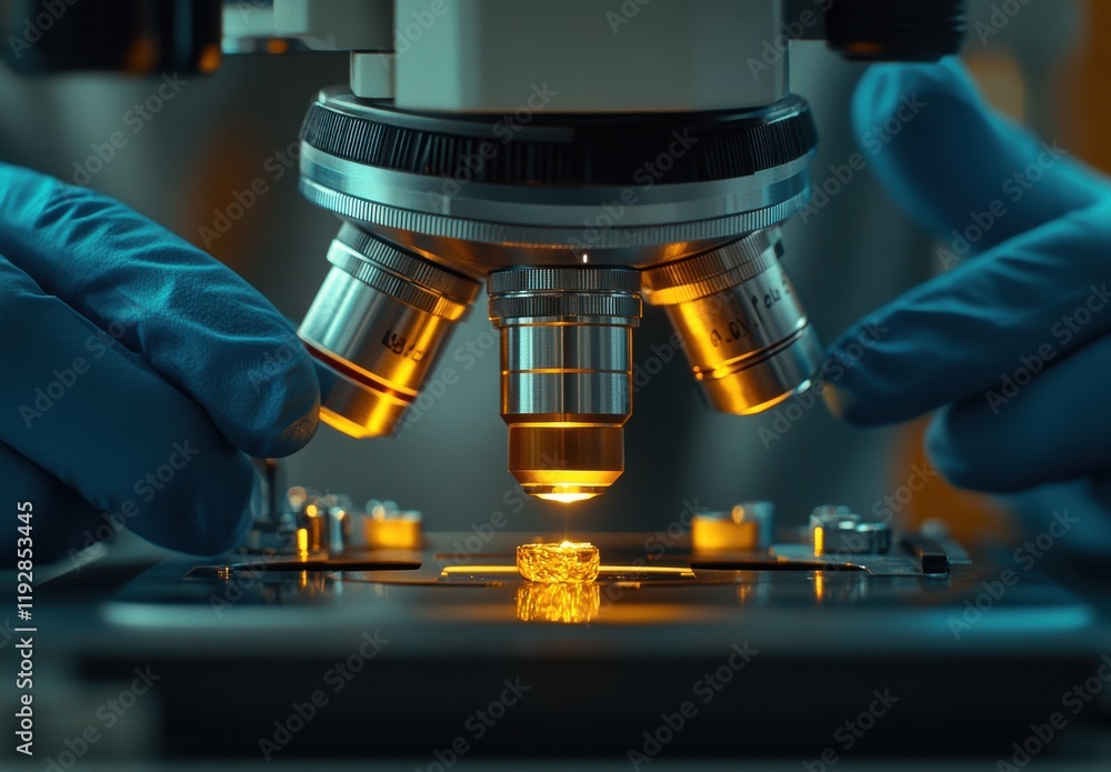 Poster close-up of a laboratory microscope examining a transparent sample under bright illumination with gl