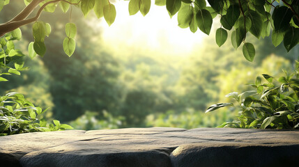 Natural mockup with stone platform and forest background for product display