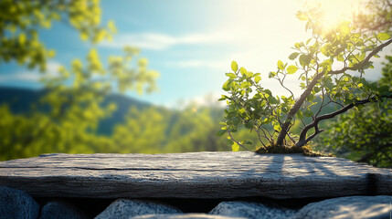 Natural mockup with stone platform and forest background for product display