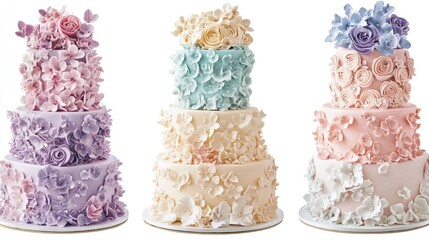 A stunning three-tiered cake with intricate floral icing details in pastel hues, perfect for luxury bakery branding