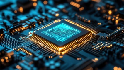 Close-Up of a Modern Microchip on a Circuit Board Showcasing Intricate Details and Glowing Components in a Blue and Gold Color Scheme