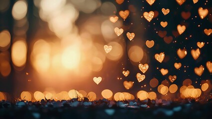 golden hearts bokeh in forest at sunset.