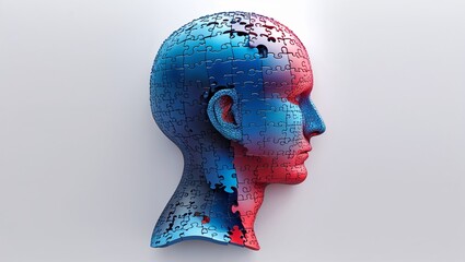 Human head profile and jigsaw puzzle, cognitive psychology or psychotherapy concept, mental health, brain problem, personality disorder, vector line design