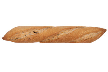 Top view of a small baguette isolated on a cut out PNG transparent background