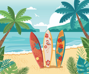 Three surf Boards standing on tropical beach with palm