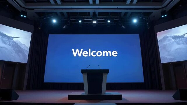 Conference stage with a substantial digital display showing a welcome message, a sleek, modern podium situated in front of the screen