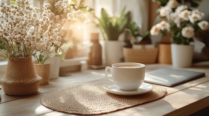 Bright and spacious workspace with a cozy coffee cup and blooming flowers inviting relaxation and productivity. Generative AI
