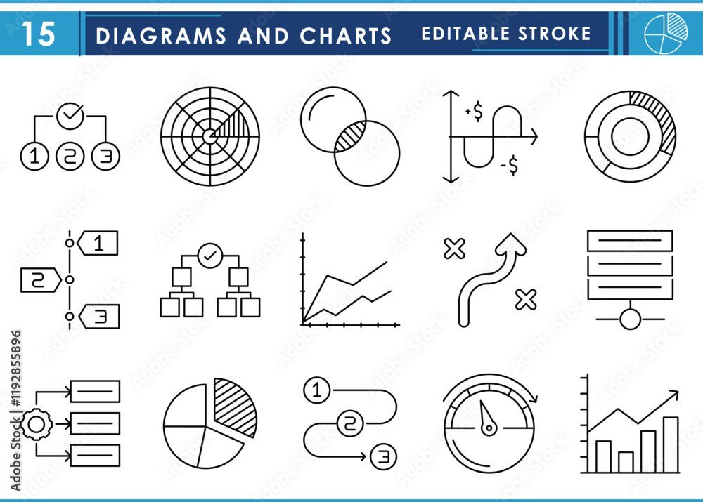 Poster a set of line icons related to various charts and diagrams used in statistics. rank, rose diagram, h