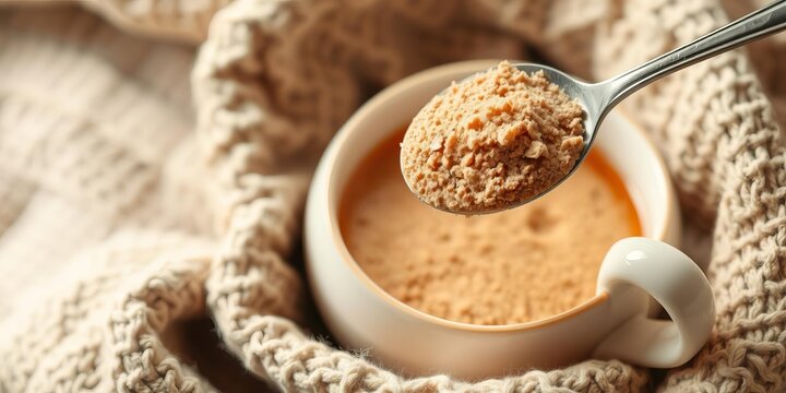 A close-up shot of a cup of steaming tea with brown sugar vegan powder being added, creating a sense of warmth and comfort in a cozy setting, cozy, spoonful, tea
