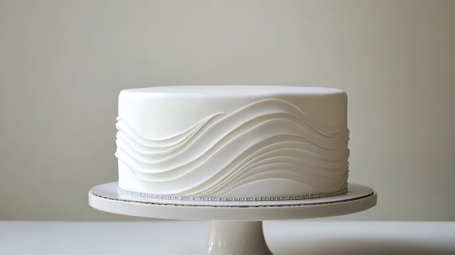 A minimalist cake design with smooth white icing and elegant piping details in silver, ideal for contemporary bakeries