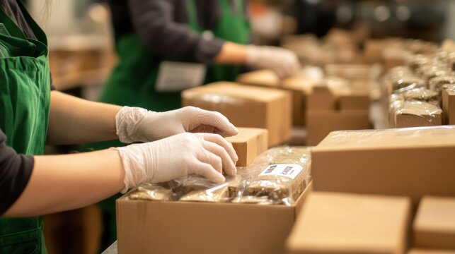 Warehouse workers wearing gloves and aprons are packing products in cardboard boxes, preparing them for shipment or storage, ensuring efficient order fulfillment and inventory management