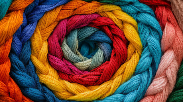 An abstract rope circle made of threads in vibrant colors, metaphorically showing the strength of diverse communities tied together.  