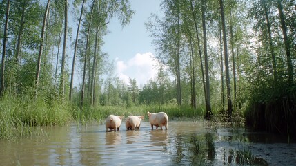 Pigs wading in forest swamp, summer.  Nature background, idyllic scene