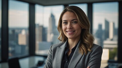 Portrait of a confident and smiling young professional business woman standing in a modern office