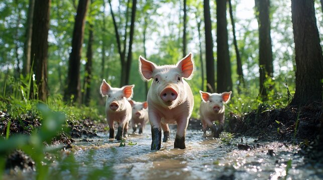 Pigs walking in muddy forest path. Stock image for agriculture, food, nature