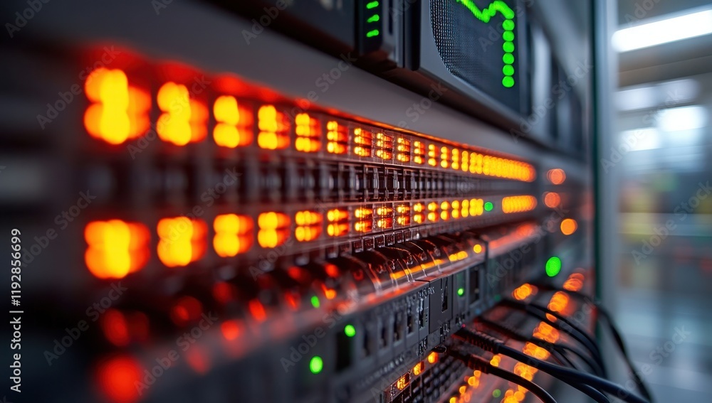 Poster close-up of network server with bright leds showing data transmission, cables, and digital informati