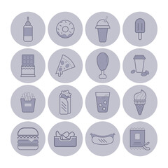 Snack line icon set. French fries, hot dog, hamburger, pizza slice, chicken leg, drinks. Fast food, cafe, takeaway meal, dessert concept. Vector illustrations for web design and apps