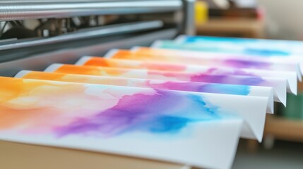 Vibrant Watercolor Prints Emerging from Modern Printing Press Machine