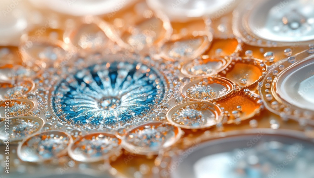 Poster close-up of vibrant fluid art with colorful swirls and bubbles reflecting light, creating a mesmeriz