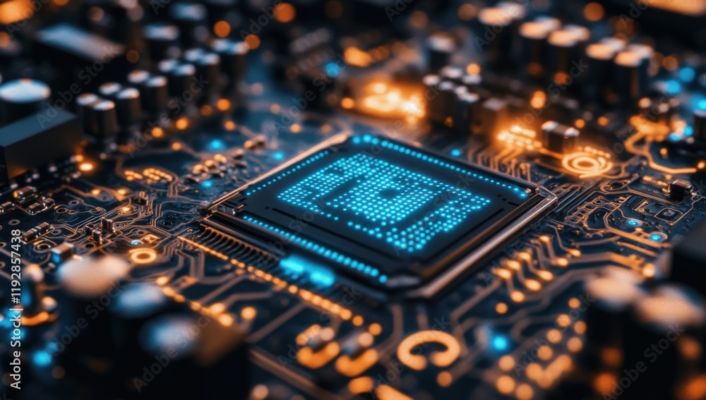 Poster Close-Up View of a Circuit Board Featuring a Central Processing Unit with Innovative LED Lights in an Abstract Technology Background