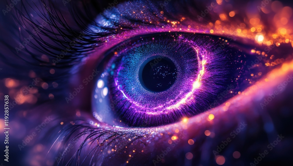 Poster close-up view of a human eye with cosmic elements and vibrant colors, illustrating the connection be