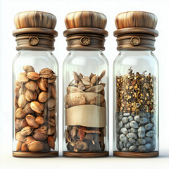 Jars filled with various spices and nuts displayed on a light background for culinary enthusiasts and home cooks