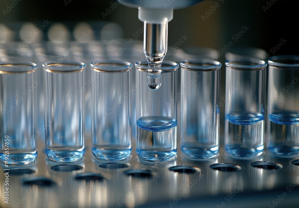Poster close-up view of a lab pipette dropping liquid into a row of small glass test tubes filled with blue