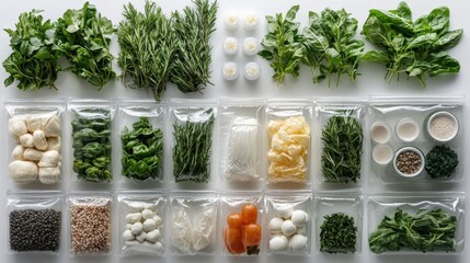 Fresh and Vibrant Collection of Herbs, Vegetables, and Condiments Prepared for Quick and Easy Meal Preparation in Clean Plastic Bags on a White Surface