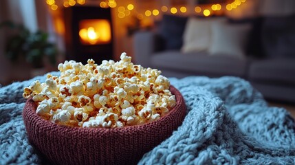 Cozy living room with a bowl of popcorn, warm fireplace glow, and soft lighting creating a relaxing atmosphere