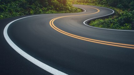Obraz premium Winding Asphalt Road Curving Through Lush Green Foliage Scenic Driveway