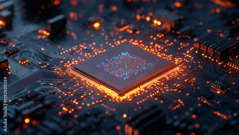 Poster close-up view of a modern microprocessor surrounded by circuitry and glowing lights, showcasing adva