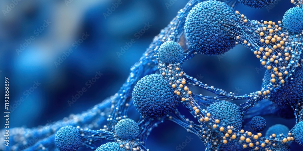 Poster close-up view of blue molecular structures in abstract composition representing scientific concepts 