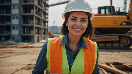 Portrait of a confident woman engineer, with a friendly smile, wearing a hard hat and a high-visibility vest, standing in front of a construction site with a cityscape in the background.