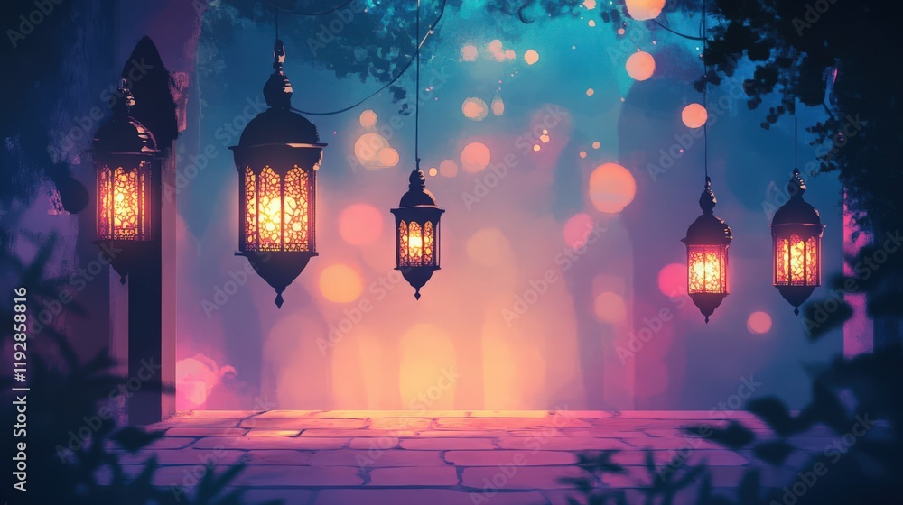 Poster enchanting lanterns illuminate a twilight scene with soft, bokeh lights creating a magical ambience