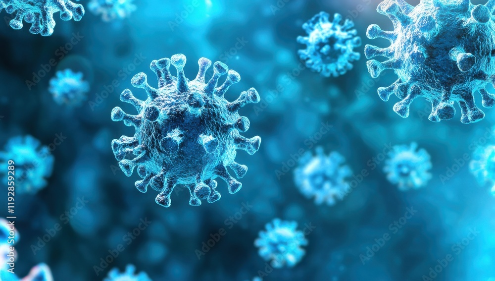 Poster close-up view of microscopic virus particles in blue background with abstract scientific representat