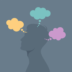 Gray male side silhouette with colored thought bubbles around, flat vector illustration