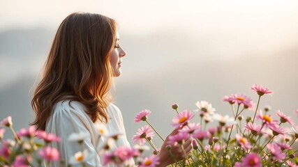 Naklejka premium A serene woman meditates among gentle flowers in minimalist illustration, flowers, mindfulness, tranquil