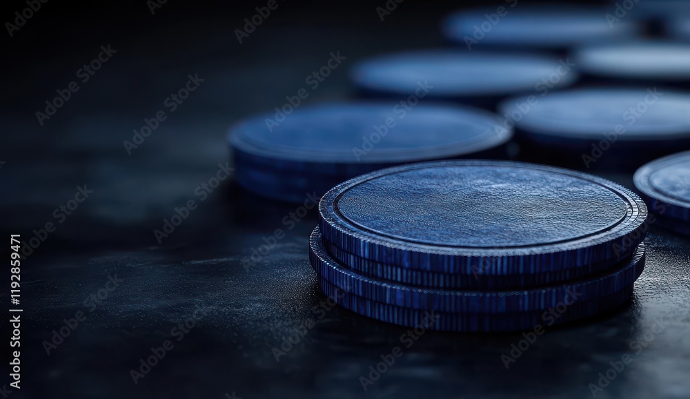 Aufkleber close-up view of stacked blue coins on a dark background, highlighting the texture and unique design
