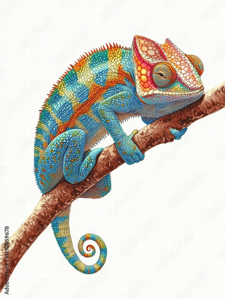 Poster colorful chameleon resting on a branch in a lush environment during a sunny day. generative ai