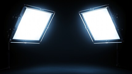 illuminated panels, bright white light, dark room, glowing rectangles