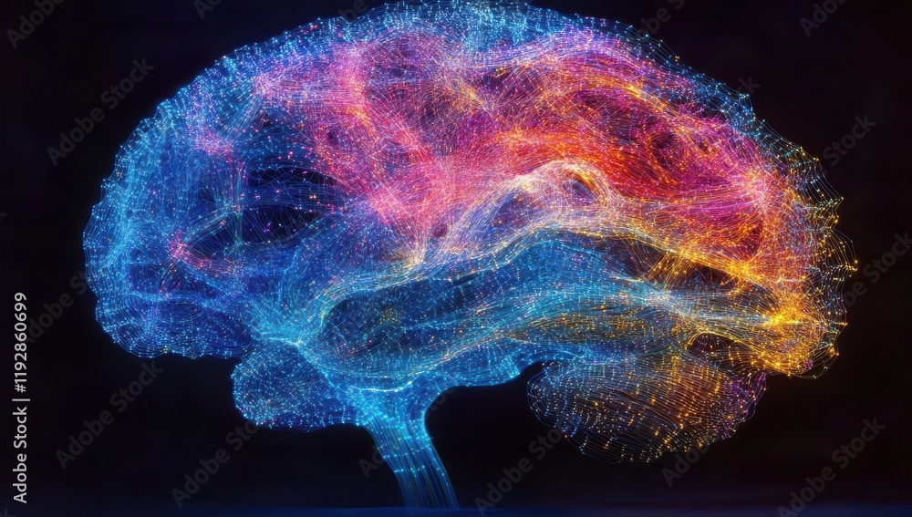 Poster colorful abstract representation of a human brain with dynamic flow and light particles symbolizing 