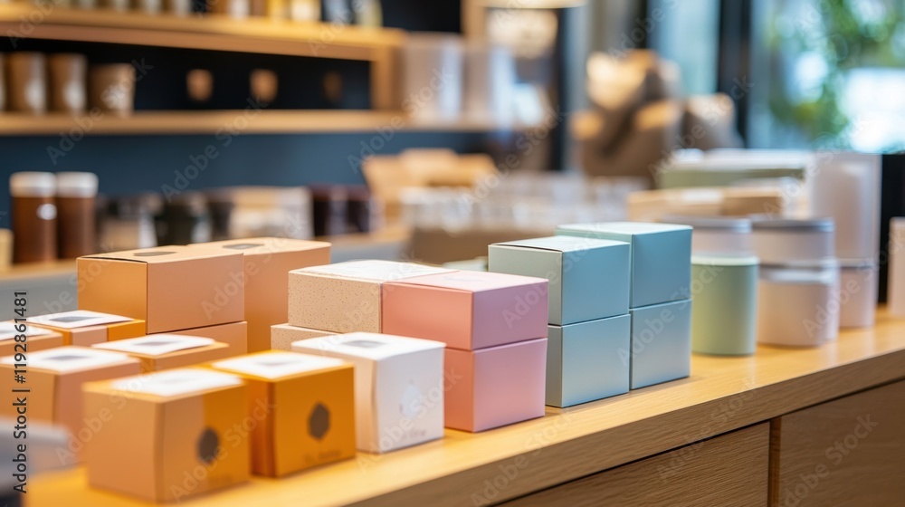 Poster various colorful cardboard boxes and containers arranged on a wooden shelf in a modern retail store,