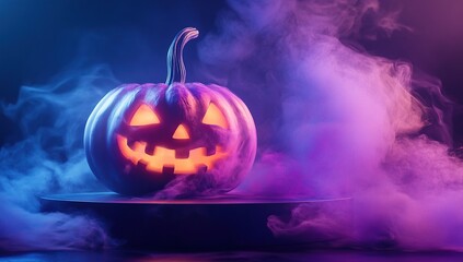 3D render of a glowing Halloween pumpkin on a podium with smoke, in purple and blue colors.