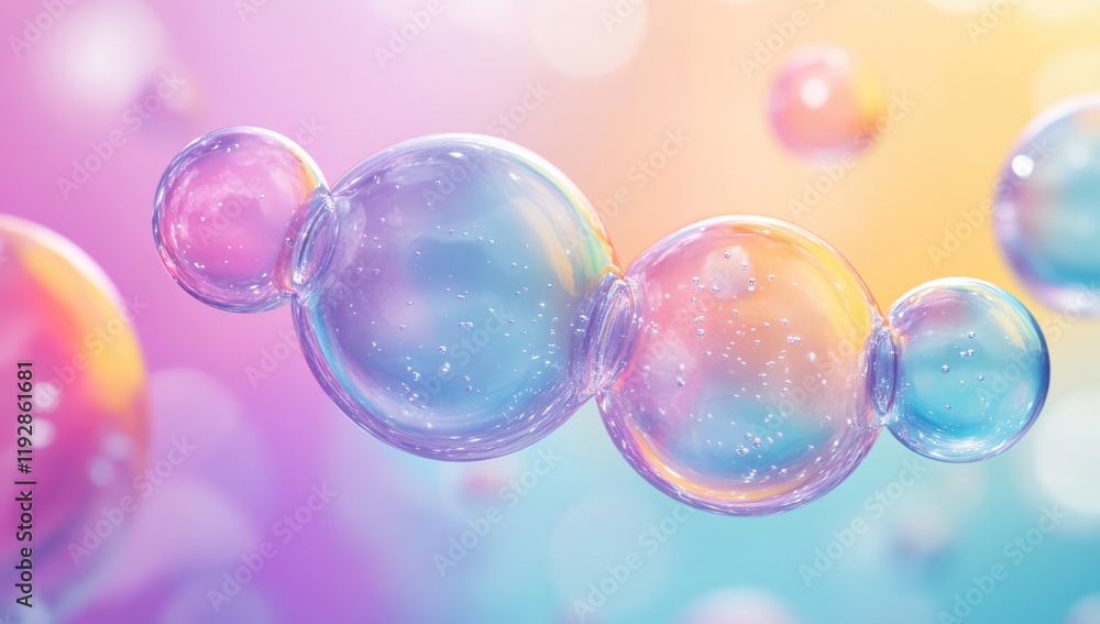 Poster colorful floating bubbles with soft gradient background reflecting light in a dreamy atmosphere for 