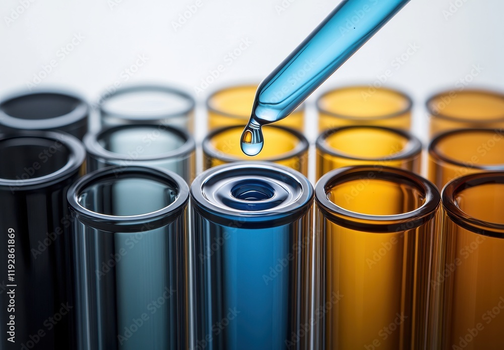 Poster colorful laboratory test tubes arranged in a precise order with a dropper releasing a blue liquid in